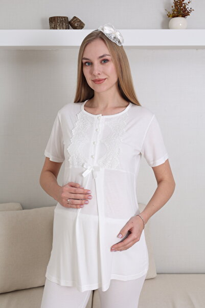 Lohussa Women's Ecru Lace Detailed Short Sleeve Special Design Maternity Pajama Set