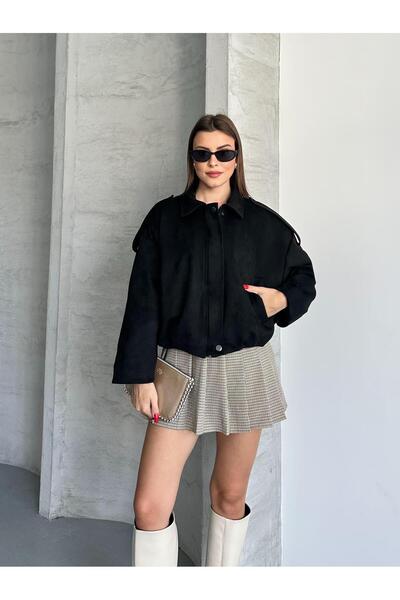 FERZOLAİO سترة قصيرة من جلد الغزال الأسود