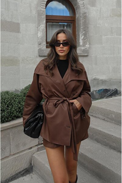 Havoş Brown Coburn Belted Trench Coat Shorts Set
