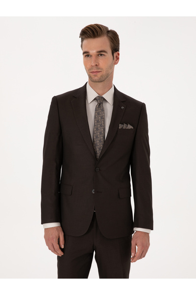 Cacharel Kahverengi Slim Fit Yün Karışımlı Mikro Desenli Takım Elbise 50318869-VR029