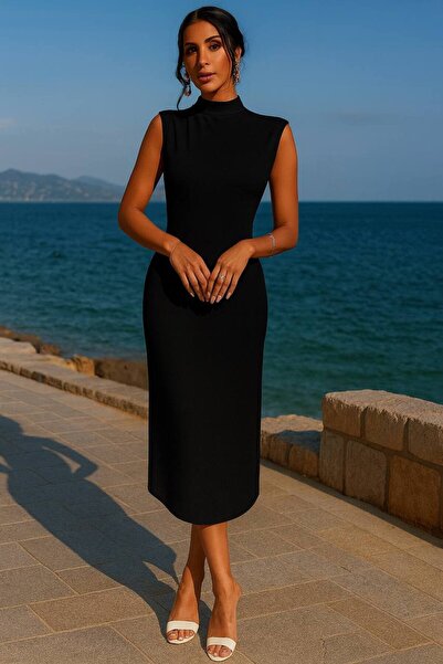 By BAYANA Omzu Pileli Balıkçı Yaka Yırtmaçlı Midi Boy Abiye Elbise Davet Kutlama Düğün Söz Nişan Kokteyl