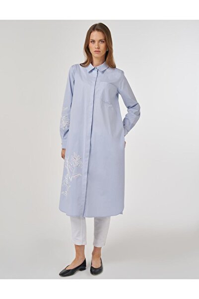Kayra Nakış İşlemeli Pamuklu Uzun Tunik Mavi