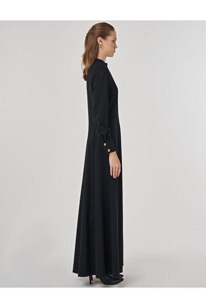 Kayra Parlak Düğmeli Rayon Elbise Siyah