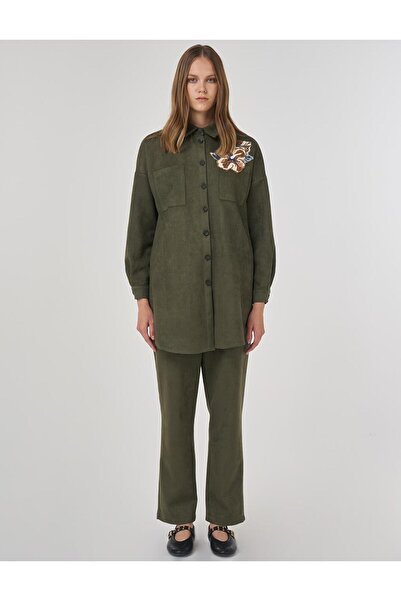 Kayra Embroidered Applique Suede Double Suit Dark Khaki