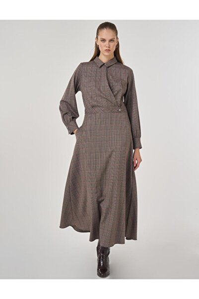 Kayra Ekose Desen Maksi Elbise Koyu Kahve