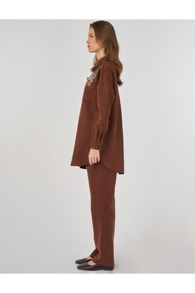 Kayra Embroidered Applique Suede Double Suit Camel