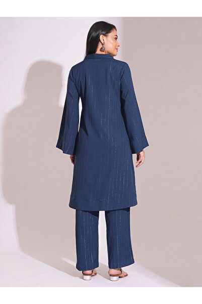 Globus By Styli Blue Shimmer Woven Design Kurta and Straight Pants Workwear Set