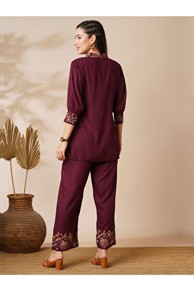Globus By Styli Burgundy Embroidered Shirt and Pants Fusion Co-Ords