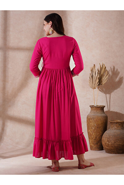 Globus By Styli Pink Embroidered Scalloped Festive Maxi Dress