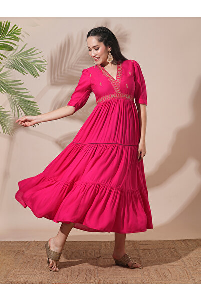 Globus By Styli Pink Embroidered V Neck Tiered Midi Festive Dress