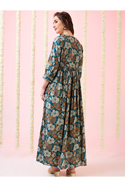 Globus By Styli Green Foil Floral Print Fusion Maxi Dress