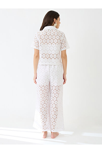 Globus By Styli White Crochet Shirt and Wide Leg Trousers Co-Ords