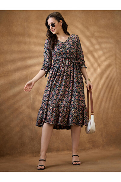 Globus By Styli Multi Ethnic Motif Frill Detail Midi Dress