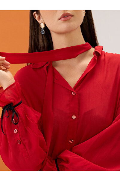 Globus By Styli Red Collared Neck Tie Chiffon Shirt