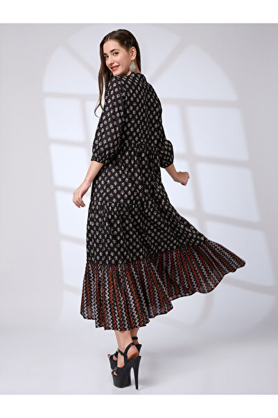 Globus By Styli Black Cotton Ethnic Print Workwear Maxi Dress