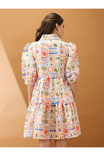 Globus By Styli Cream All Over Print Shirt Knee Length Dress