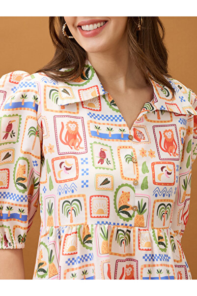 Globus By Styli Cream All Over Print Shirt Knee Length Dress