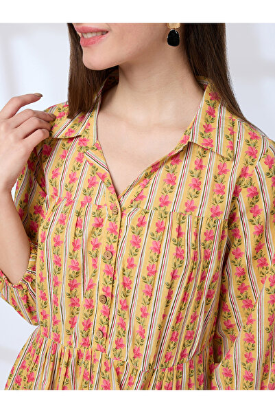 Globus By Styli Yellow Shirt Collar Printed Workwear Knee Length Dress