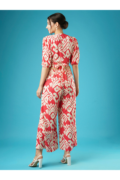 Globus By Styli Red Abstract Print Wrap Top and Palazzos Co-Ords
