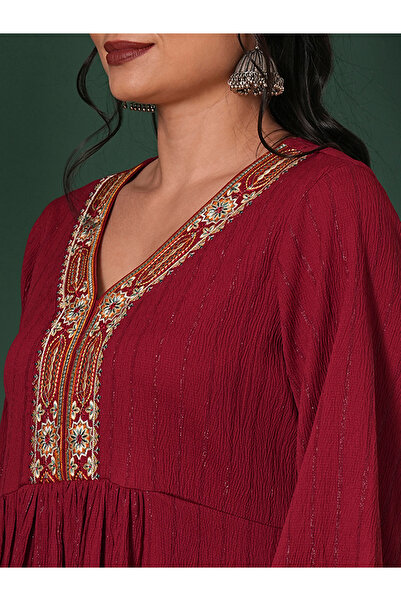 Globus By Styli Maroon Embroidered Shimmer Festive Midi Dress