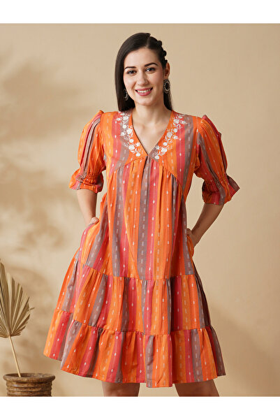 Globus By Styli Orange Striped V Neck Knee Length Dress