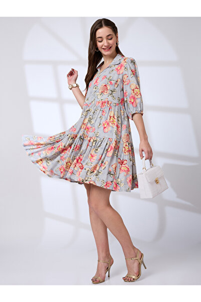 Globus By Styli Blue Floral Print Fusion Knee Length Dress