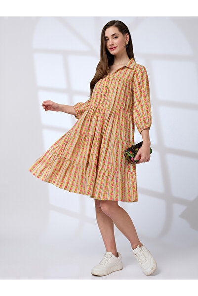 Globus By Styli Yellow Shirt Collar Printed Workwear Knee Length Dress