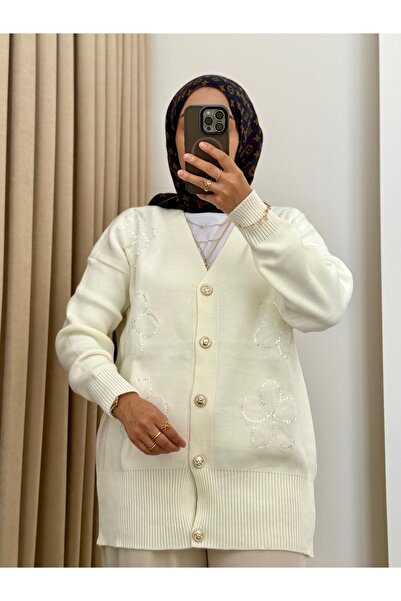 MERİÇ BOUTİQUE Tül Çiçekli Gold Düğmeli Çelik Örgü Hırka