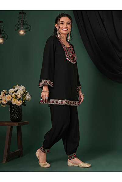Globus By Styli Black Embroidered Yoke Tunic and Afghani Pants Fusion Co-Ords