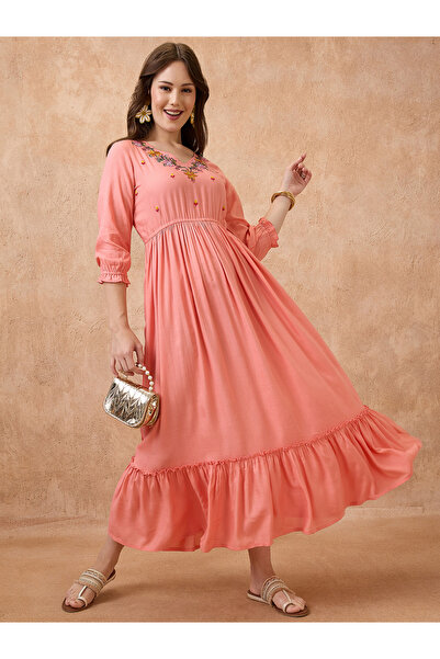 Globus By Styli Peach Embroidered Yoke Fusion Maxi Dress