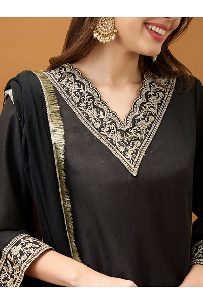 Globus By Styli Women Black Sequined Kurta with Pant and Dupatta Set