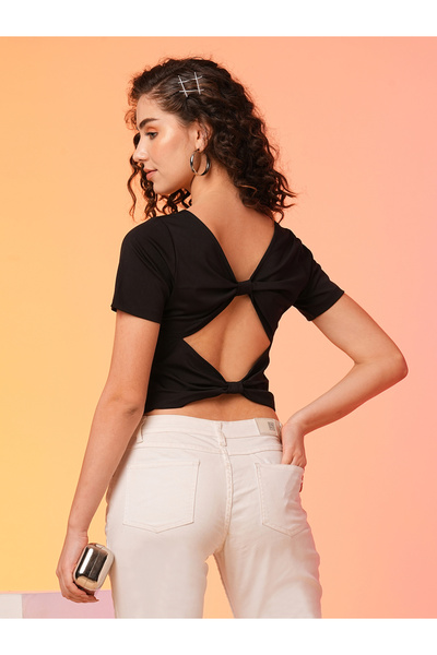 Globus By Styli Black Bow Detail Styled Back Crop Top