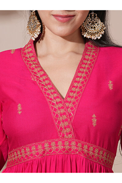 Globus By Styli Pink Embroidered V Neck Tiered Midi Festive Dress