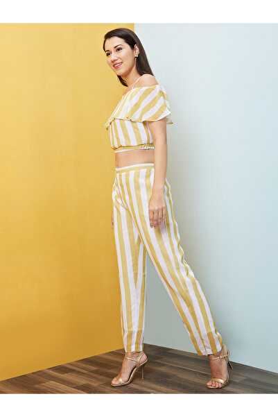 Globus By Styli Yellow Striped Off Shoulder Top and Pants Co-Ords