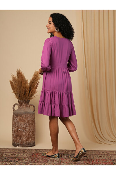 Globus By Styli Purple Embroidered Yoke Fusion Knee Length Dress