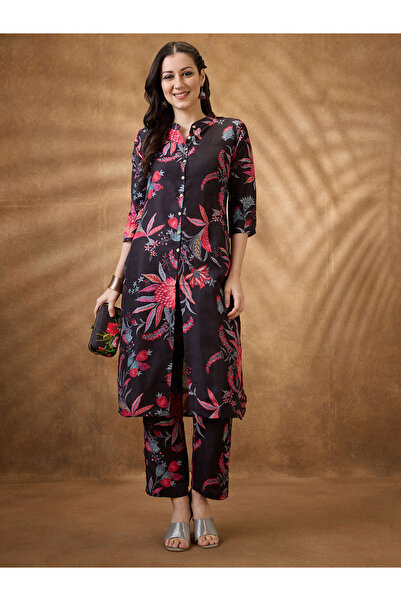 Globus By Styli Women Black Mandarin Collar Floral Print Kurta with Pants Set