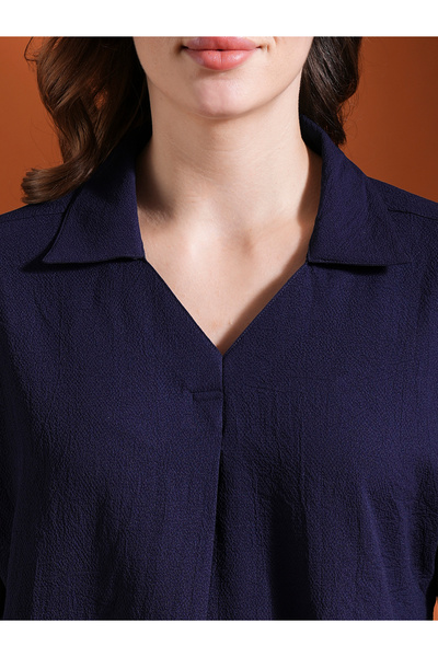 Globus By Styli Navy Blue Open Collar Workwear Shirt