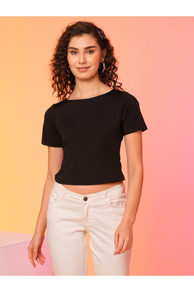Globus By Styli Black Bow Detail Styled Back Crop Top