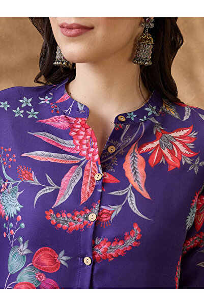 Globus By Styli Women Purple Floral Print Straight Kurta with Pants Set