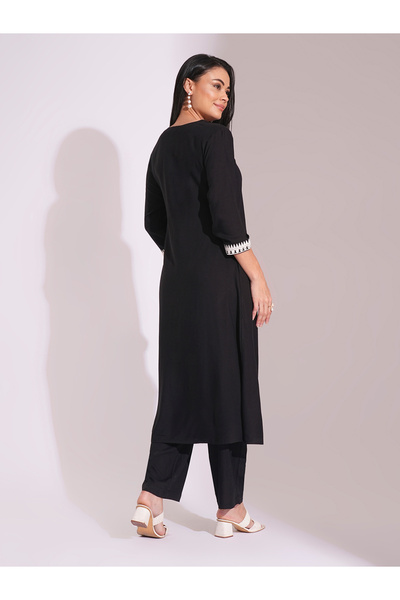 Globus By Styli Black Embroidered Detail A-Line Kurta and Pants Workwear Set