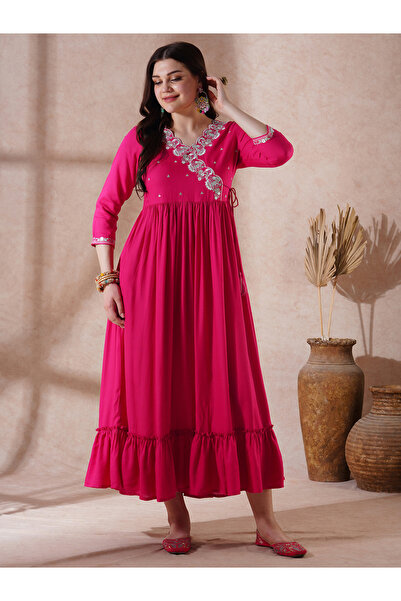 Globus By Styli Pink Embroidered Scalloped Festive Maxi Dress