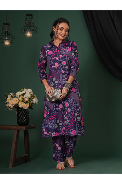Globus By Styli Women Purple Shirt Collar Straight Kurta and Pants Set