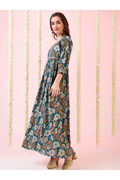 Globus By Styli Green Foil Floral Print Fusion Maxi Dress