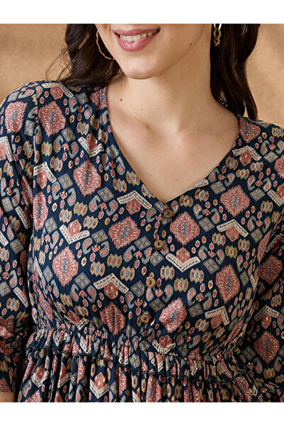 Globus By Styli Multi Ethnic Motif Frill Detail Midi Dress