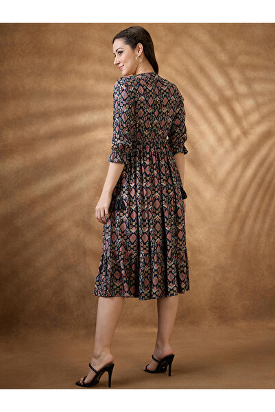 Globus By Styli Multi Ethnic Motif Frill Detail Midi Dress