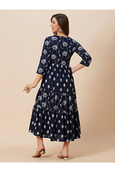 Globus By Styli Navy Floral Ethnic Print Gathered Midi Dress