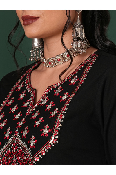 Globus By Styli Black Sequined Embroidered Yoke Kurta and Pants Set