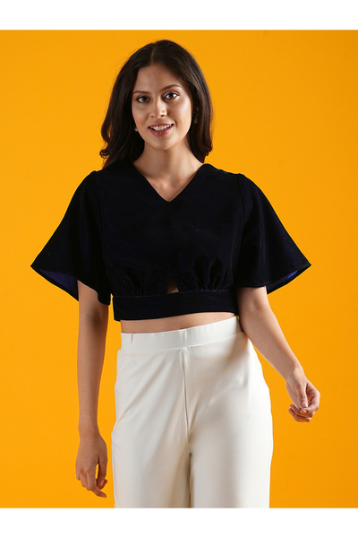 Globus By Styli Navy Cut-Out Waist Velvet Crop Top