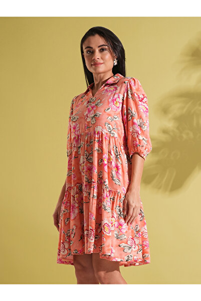 Globus By Styli Coral Floral Print Fusion Knee Length Dress