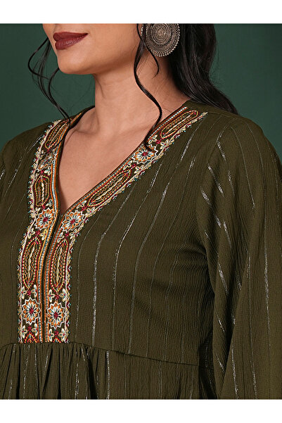 Globus By Styli Olive Embroidered Shimmer Festive Midi Dress